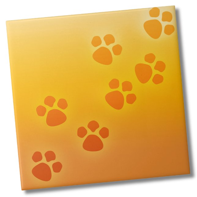 Niedliche Paw Print Animal Tracks Fliese (Yellow Orange Ombre Paw Print Pattern Ceramic Tile)