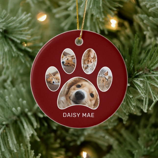 Niedliche Paw Print Pet Name Jahr FotoCollage Rot Keramik Ornament (Baum)