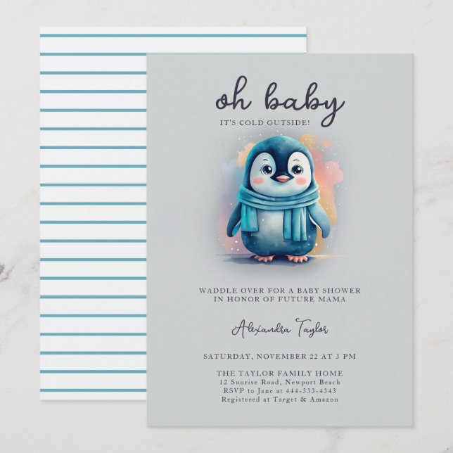 Niedliche Penguin Baby Cold Außenbereich Sweet Boy Einladung (Vorne/Hinten)