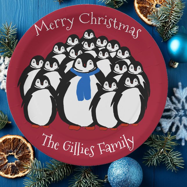 Niedliche Penguin Familie Frohe Weihnachten Party  Pappteller (Von Creator hochgeladen)