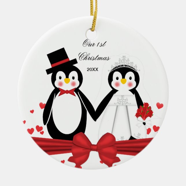 Niedliche Penguin-Paar-Hochzeits-1. Keramikornament (Vorne)