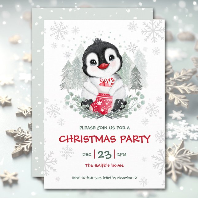 Niedliche Penguin Snow Weihnachten Party Einladung (Cute Penguin Snow Christmas Party Invitation)