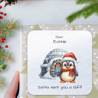Niedliche Penguin Weihnachtsmannmütze Schneeflocke Quadratischer Aufkleber
