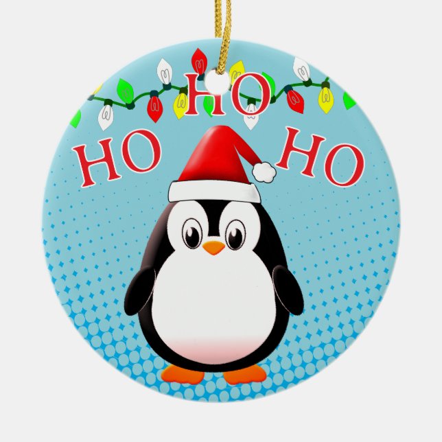 Niedliche Penguin Weihnachtsmannmütze Weihnachtsbe Keramik Ornament (Vorne)