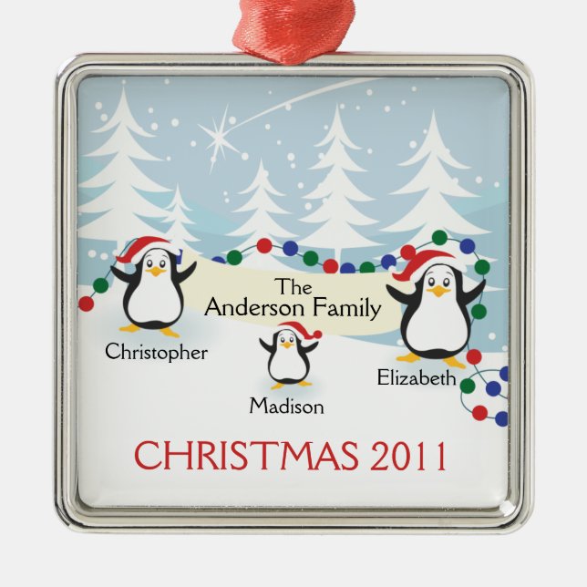 Niedliche Penguins-Familie Verzierung der Silbernes Ornament (Vorne)