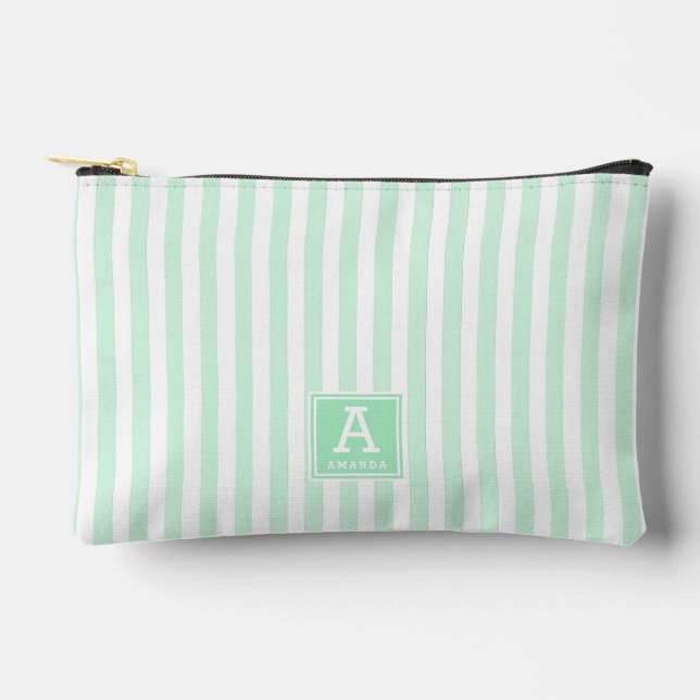 Niedliche Peppermint-Grünstreifen Mit Monogramm An Zubehörtasche (Vorderseite)
