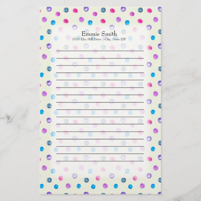 Niedliche Personalisiert rosa Lila blaue Punkte au Briefpapier (Vorderseite)