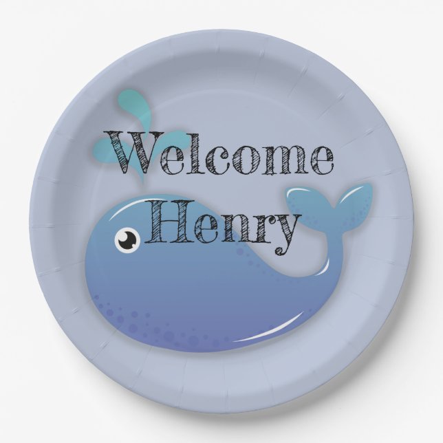 Niedliche Personalisierte Blue Whale Baby Dusche Pappteller (Vorderseite)