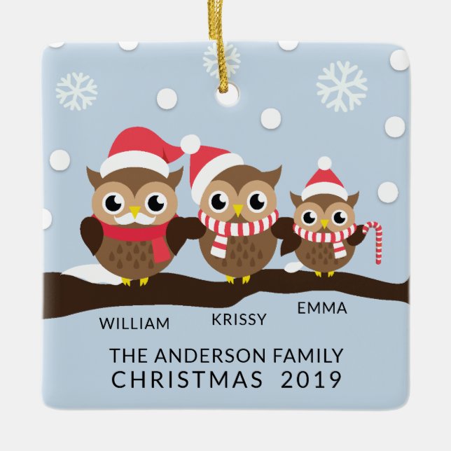 NIEDLICHE Personalisierte Eule-Familie zu 3 Weihna Keramikornament (Vorderseite)