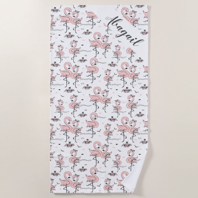 Niedliche Personalisierte Flamingos und Krebse  Strandtuch (Vorderseite)