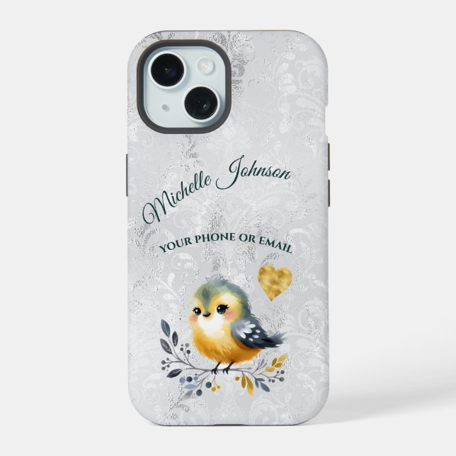Niedliche Personalisierte Folk Bird & Heft Phone C iPhone 15 Hülle (Rückseite)