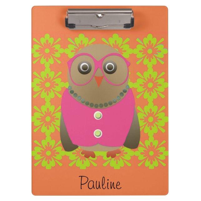 Niedliche Personalisierte Orange Old Lady Owl Clip Klemmbrett (Vorderseite)