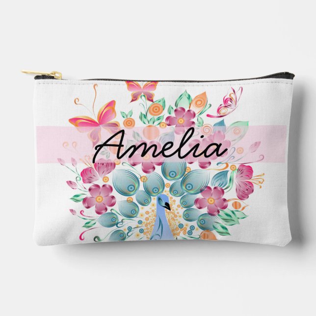 Niedliche Personalisierte Pfauenflora Zubehörtasche (Vorderseite)