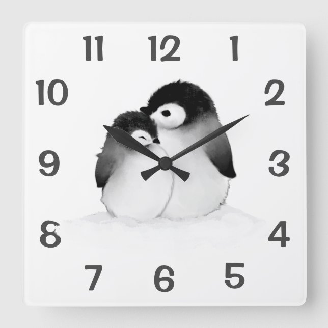 Niedliche Personalisierte Pinguine Wohngestaltung  Quadratische Wanduhr (Vorderseite)