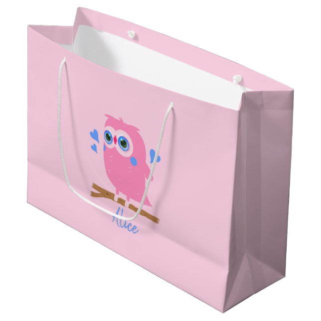 Niedliche Personalisierte PInk Owl Geschenktasche Große Geschenktüte (Vorderseite Schrägansicht)