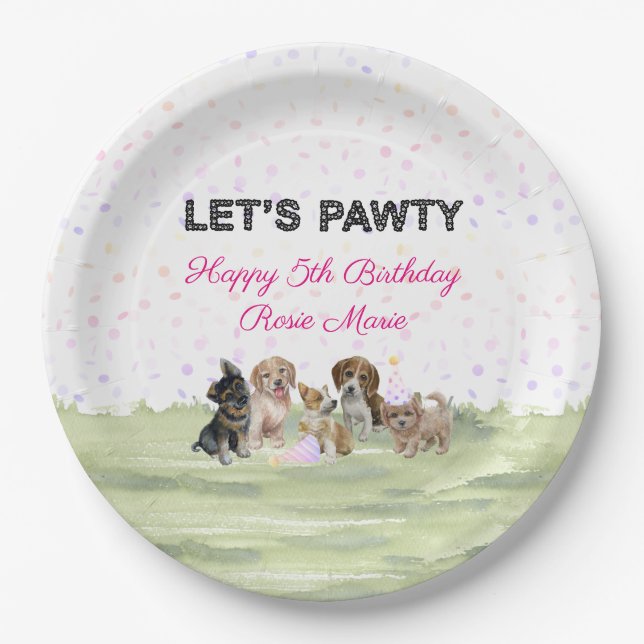 Niedliche Personalisierte Pink Puppy Party Pappteller (Vorderseite)