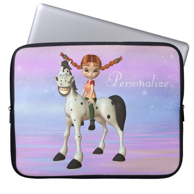 Niedliche Pferde-u. Mädchen-personalisierte Laptopschutzhülle (Vorderseite)