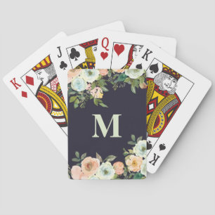 Niedliche Pfirsichminze Blume Schwarze Monogramm Spielkarten