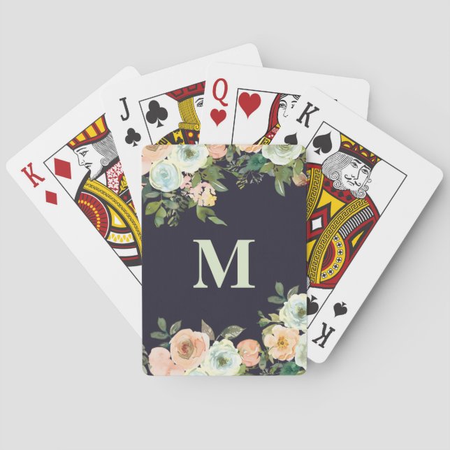 Niedliche Pfirsichminze Blume Schwarze Monogramm Spielkarten (Rückseite)