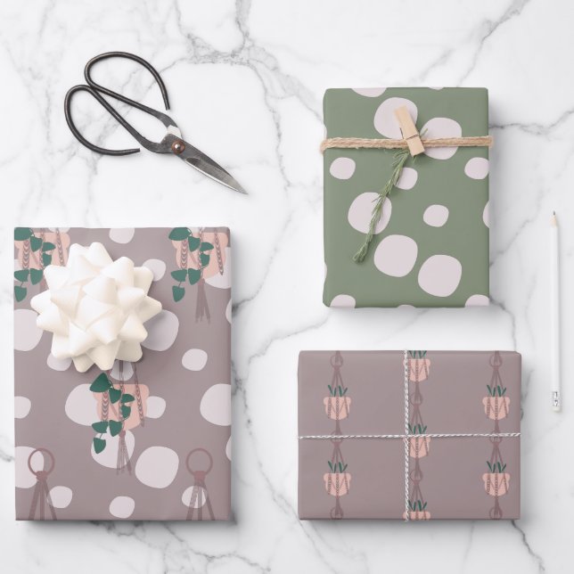 Niedliche Pflanze Macrame Scattered Dot Greenery M Geschenkpapier Set (Vorderseite)