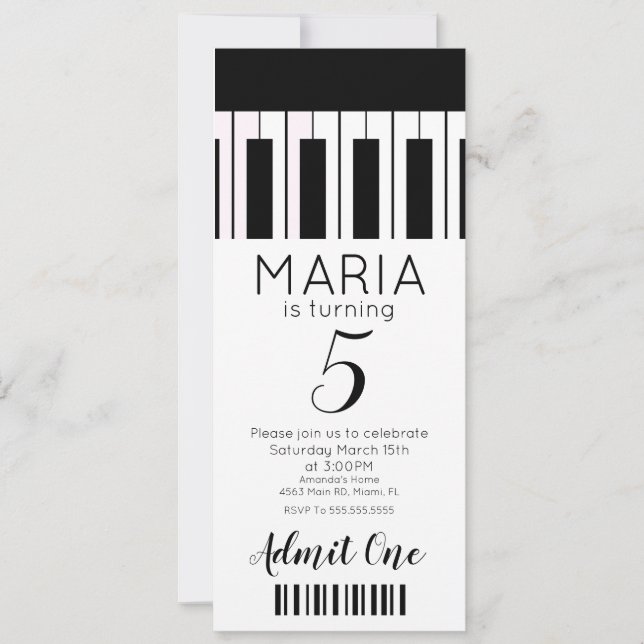 Niedliche Piano Music Ticket Style Party Einladung (Vorderseite)