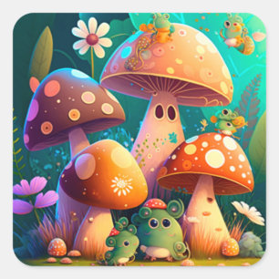Niedliche Pilze und Blume Bugs Grünbuch Quadratischer Aufkleber