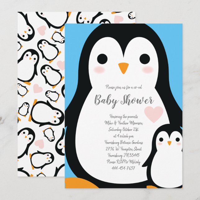 Niedliche Pinguin Baby Dusche Blue Boy Einladung (Vorne/Hinten)