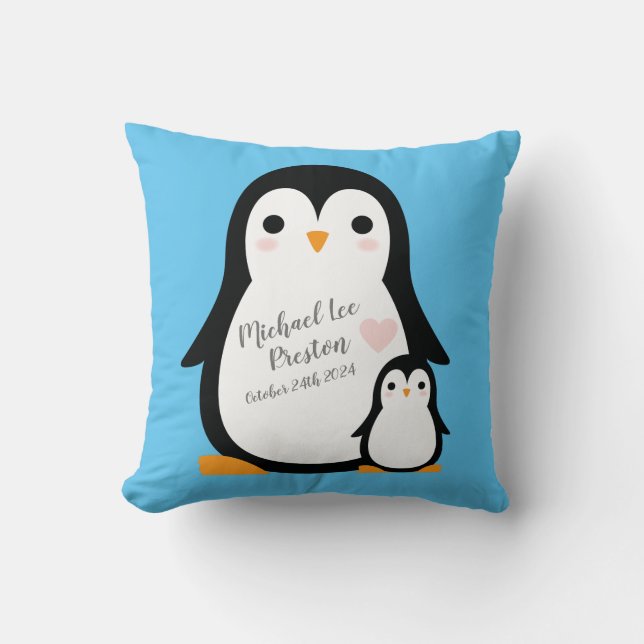 Niedliche Pinguin Baby Dusche Blue Boy Kissen (Vorderseite)