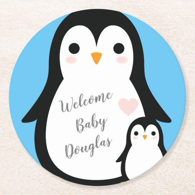 Niedliche Pinguin Baby Dusche Blue Boy Runder Pappuntersetzer (Vorderseite)