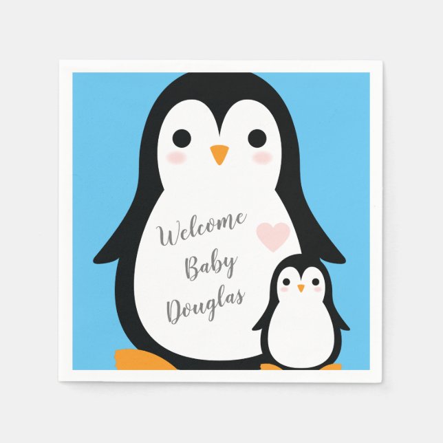 Niedliche Pinguin Baby Dusche Blue Boy Serviette (Vorderseite)
