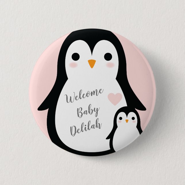 Niedliche Pinguin Baby Dusche Pink Girl Button (Vorderseite)