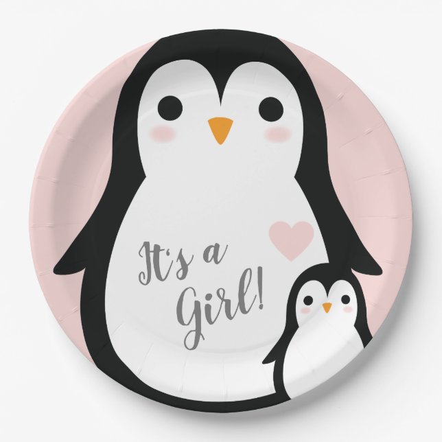 Niedliche Pinguin Baby Dusche Pink Girl Pappteller (Vorderseite)
