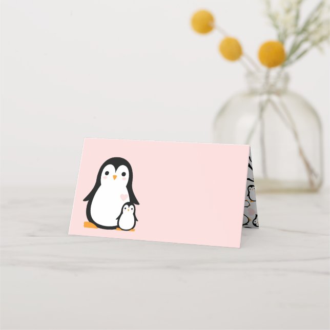 Niedliche Pinguin Baby Dusche Pink Girl Platzkarte (Vorderseite)