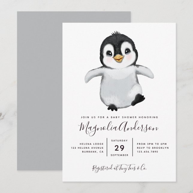 Niedliche Pinguin-Babydusche Einladung (Vorne/Hinten)
