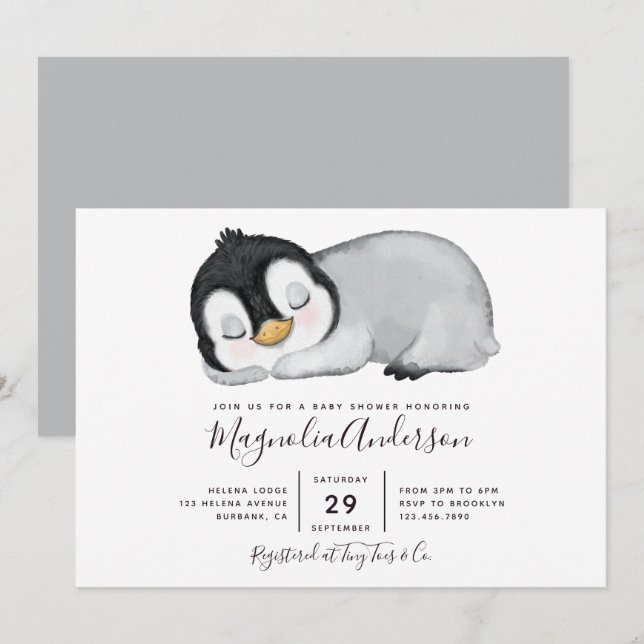 Niedliche Pinguin-Babydusche Einladung (Vorne/Hinten)