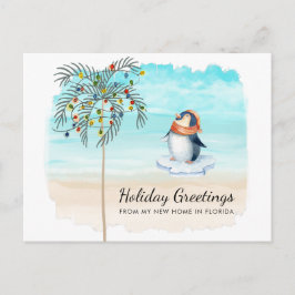 Niedliche Pinguin Beach Scene Palm Tree Holiday Mo Ankündigungspostkarte
