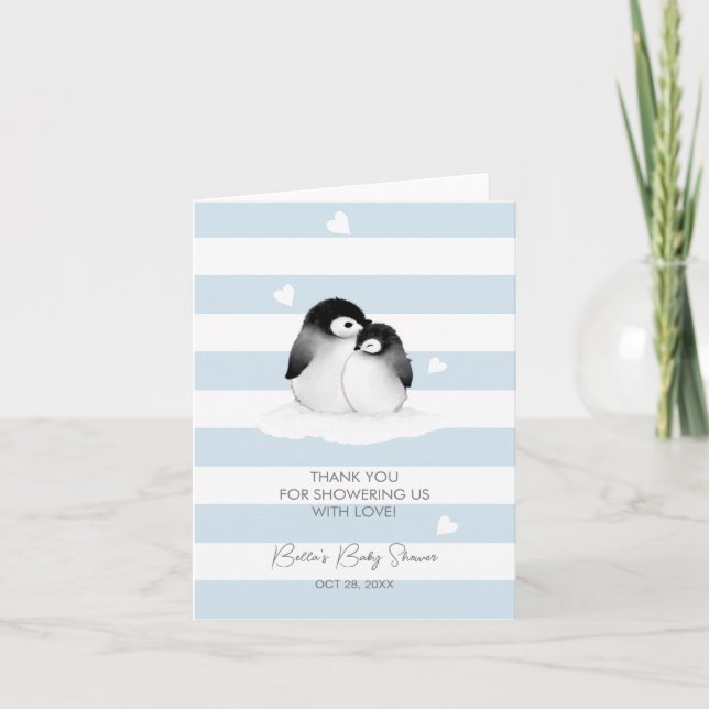 Niedliche Pinguin Blue Gray Baby Dusche Dankeskarte (Vorderseite)
