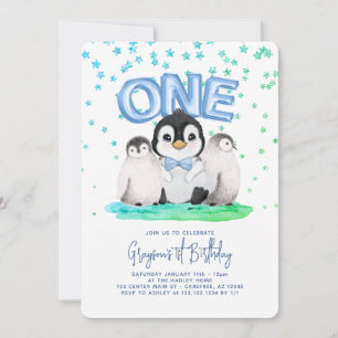 Niedliche Pinguin Boys 1. Geburtstag Einladung