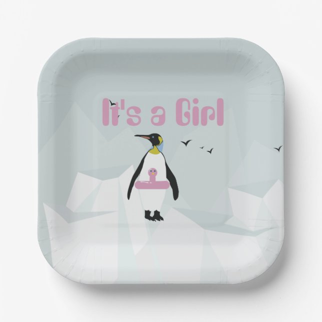 Niedliche Pinguin "It's a Girl" Babydusche Pappteller (Vorderseite)