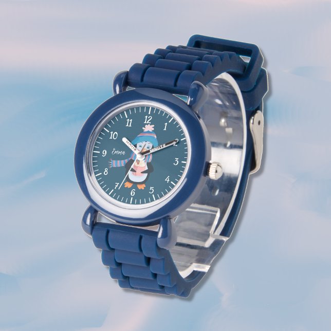 Niedliche Pinguin Kid Blue Watch mit Namen Armbanduhr (Von Creator hochgeladen)