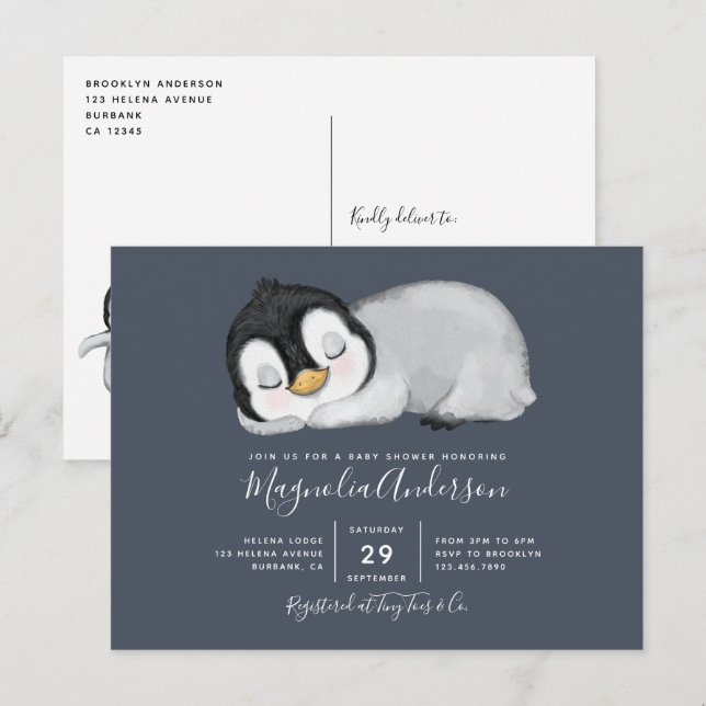 Niedliche Pinguin-Kinderdusche Einladung Postkarte (Vorne/Hinten)