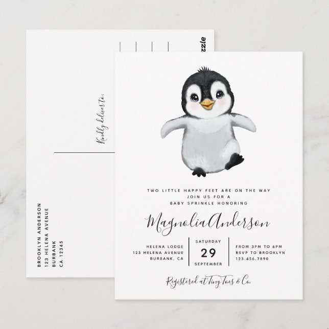 Niedliche Pinguin-Kinderdusche Einladung Postkarte (Vorne/Hinten)