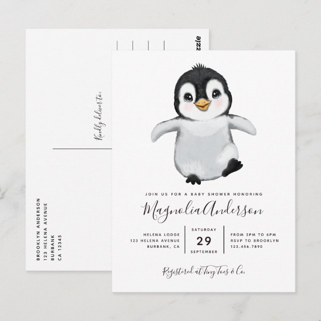 Niedliche Pinguin-Kinderdusche Einladung Postkarte (Vorne/Hinten)