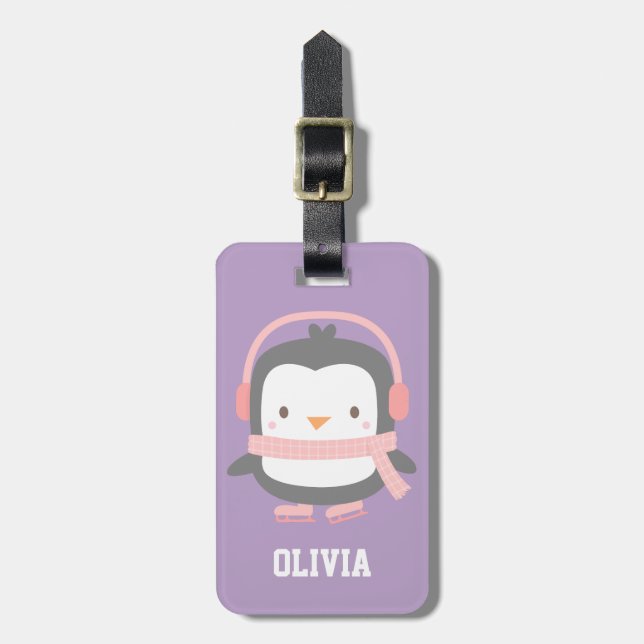 Niedliche Pinguin Lila Girls Personalisiert Lila Gepäckanhänger (Vorderseite vertikal)