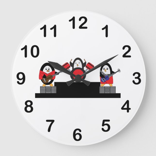 Niedliche Pinguin Rock und Roll Music Band Große Wanduhr (Vorderseite)