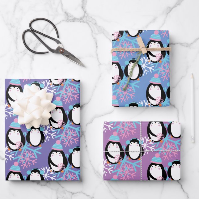 Niedliche Pinguin Snowflakes Whimsical Geschenkpapier Set (Vorderseite)
