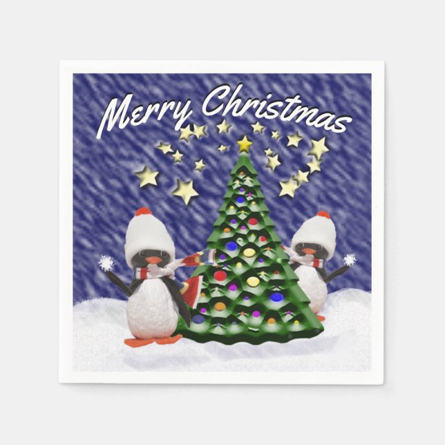 Niedliche Pinguin-Weihnachtsbaumschneevorlage Serviette (Vorderseite)