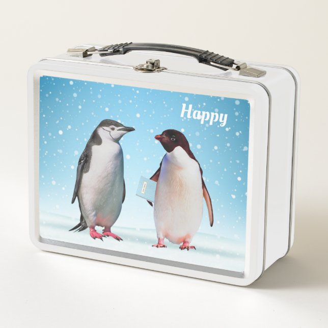 Niedliche Pinguine auf Light Blue Metal Lunch Box (Vorderseite)