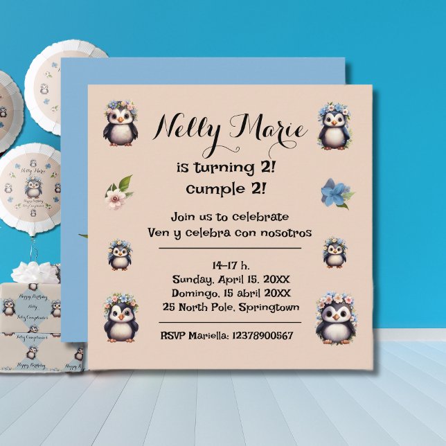 Niedliche Pinguine Bezeichnung zweisprachiger Text Einladung (Bilingual birthday invitation, cute penguins, persocalized & customizable. Multilingual Project.)