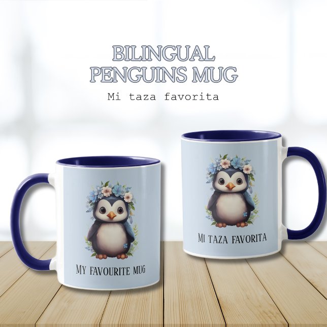 Niedliche Pinguine Blue Custom Bilingual Spanish T Tasse (Bilingual blue mug, penguins, spanish mi taza favorita. custom language. Multilingual Project.)